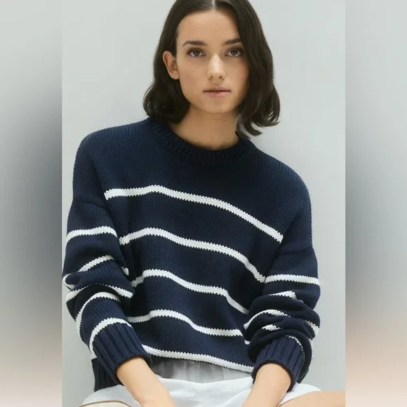 Classic Navy & White Striped Crewneck Sweater 100% Cotton Quince XS - Picture 1 of 6